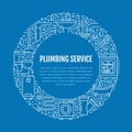 Plumbing service blue banner illustration. Vector line icon of house bathroom equipment, faucet, toilet, pipeline Royalty Free Stock Photo