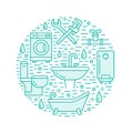 Plumbing service blue banner illustration. Vector line icon of house bathroom equipment, faucet, toilet, pipeline Royalty Free Stock Photo