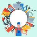 Plumbing service circle set vector illustration. Professional plumber is standing in front of white circle with place