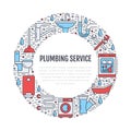 Plumbing service colored banner illustration. Vector line icon of house bathroom equipment, faucet, toilet, pipeline Royalty Free Stock Photo