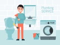 Plumbing service concept, character male worker flat vector illustration. Washing machine repair, toilet and sink Royalty Free Stock Photo