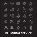 Plumbing service editable line icons vector set on black background. Plumbing service white outline illustrations, signs Royalty Free Stock Photo