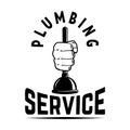 Plumbing service. Hand with plumbing plunger . Design element for logo, label, sign.