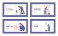 Plumbing Service Landing Page Template Set. Plumber Characters Repair Broken Technics Washing Machine, Sink, Heater