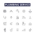 Plumbing service line vector icons and signs. Pipes, Fittings, Repair, Leaks, Clogs, Unblocking, Installation, Toilet Royalty Free Stock Photo