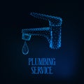 Plumbing service logo template with futuristic glowing low polygonal faucet with dripping water. Royalty Free Stock Photo