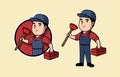 Plumbing service and maintenance logo design concept. Plumber Characters holding toolbox and Suction Pump.