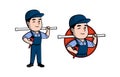 Plumbing service and maintenance logo design. Plumber Characters holding wrench and Suction Pump. Retro cartoon Vector Royalty Free Stock Photo