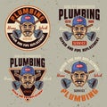 Plumbing service and pipe replacement set of vector vintage emblems, labels, badges or logos. Illustration in colorful