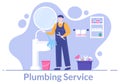 Plumbing Service with Plumber Workers Repair, Maintenance Fix Home and Cleaning Bathroom Equipment in Flat Background Illustration Royalty Free Stock Photo