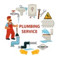 Plumbing service promotional poster with worker and broken sanitary engineering