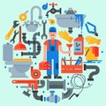 Plumbing service round vector illustration. Professional plumber man is standing surrounded by accessories, tools and