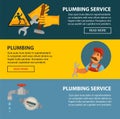 Plumbing service sewerage and leakeage repair vector web banners of bathroom toilet or kitchen plumber equipment