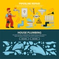 Plumbing service sewerage repair vector web banners of bathroom toilet or kitchen plumber equipment