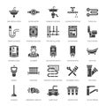 Plumbing service vector flat glyph icons. House bathroom equipment, faucet, toilet, pipeline, washing machine Royalty Free Stock Photo