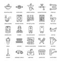 Plumbing service vector flat line icons. House bathroom equipment, faucet, toilet, pipeline, washing machine, dishwasher