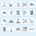 Plumbing service vector flat line icons. House bathroom equipment, faucet, toilet, pipeline, washing machine, dishwasher Royalty Free Stock Photo