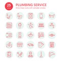 Plumbing service vector flat line icons. House bathroom equipment, faucet, toilet, pipeline, washing machine, dishwasher Royalty Free Stock Photo