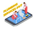 Plumbing services isometric. Vector plumber online app concept