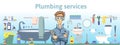 Plumbing services. Plumber man holding a wrench.