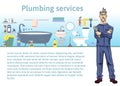 Plumbing services. Plumber man holding a wrench. Vector illustration with copy space, template for advertising flyer