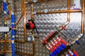 Plumbing services. Stainless steel piping of the heating system in the boiler room. Heating thermoregulation system