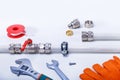 Plumbing services, tools and accessories on white background. Repair leak