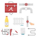 Plumbing set icons in cartoon style.