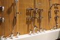 Plumbing shower faucets in store Royalty Free Stock Photo