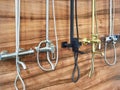 Plumbing shower faucets in store Royalty Free Stock Photo