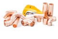 Plumbing tools copper pipes fittings and pipe cutter isolated
