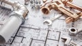 The Plumbing Tools and Blueprint.AI generated image Royalty Free Stock Photo