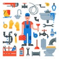 Plumbing vector plumber character repairing pipes with tools and pipeline equipment illustration set of repairman plumbs