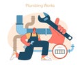 Plumbing works. A skilled plumber with tools at the ready for pipe repairs