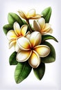 Plumeria, frangipani flower drawing isolated on white background. Watercolor, hand drawn style, ai generation Royalty Free Stock Photo