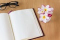 Plumeria or frangipani flowers in glass with blank note book and