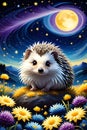 A plump adorable hedgehog with flowers, nestled amidst swirling Van Gogh landscape, vibrant starry night sky, moon, fantasy