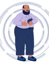 Plump bearded man is holding radio. Listens to music, dances, shows thumbs up. Cartoon vector character of cute fat elderly