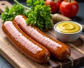 Plump bockwurst sausage with mustard, rye bread, and fresh parsley Royalty Free Stock Photo