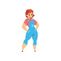 Plump, curvy, overweight girl in denim overalls, plus size model in fashionable clothes, body positive vector