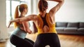 A Plump female personal instructor in activewear helping woman with stretching body during yoga class, Generative AI