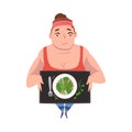 Plump Girl Eating Healthy Food, Weight Loss Process, Young Overweight Woman Getting Fit Cartoon Vector Illustration