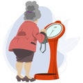 Plump girl next to floor scales. Illustration for internet and mobile website