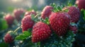 Plump, juicy strawberries, embellished with sparkling dew drops, recline upon verdant green foliage. Generative AI Royalty Free Stock Photo