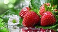 Plump, juicy strawberries, embellished with sparkling dew drops, recline upon verdant green foliage. Generative AI Royalty Free Stock Photo