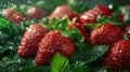 Plump, juicy strawberries, embellished with sparkling dew drops, recline upon verdant green foliage. Generative AI Royalty Free Stock Photo