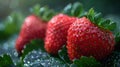 Plump, juicy strawberries, embellished with sparkling dew drops, recline upon verdant green foliage. Generative AI Royalty Free Stock Photo