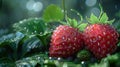 Plump, juicy strawberries, embellished with sparkling dew drops, recline upon verdant green foliage. Generative AI Royalty Free Stock Photo