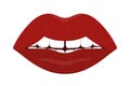 Plump lips. The seductive mouth is slightly open. Colored vector illustration. Flat style. An even row of white teeth.