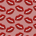 Plump lips. The seductive mouth is slightly open. Repeating vector pattern. Seamless seductive ornament. Endless background.